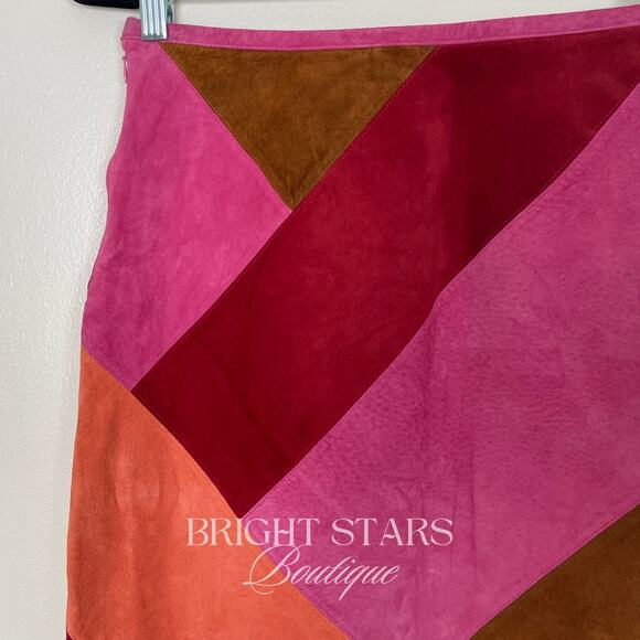 Rare Colorblock Suede Skirt ASO Phoebe Buffay Friends Pink Red Brown Patchwork - Picture 11 of 11